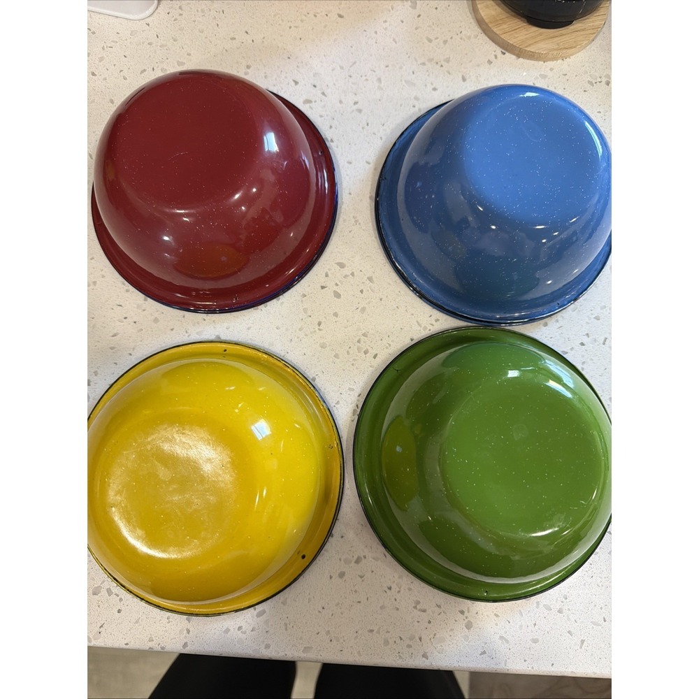 Metal Enamel Bowls Set Of 8 Navy Blue, Yellow, Green And Red